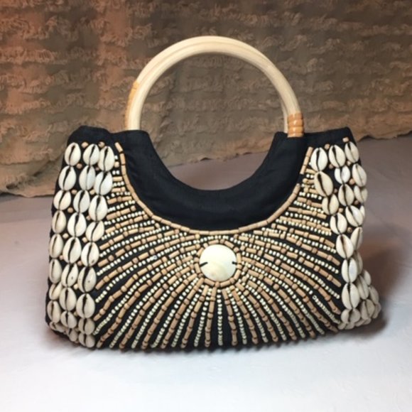 LIKE NEW Silk Purse Black w/Beads, Cowrie Shells Wooden Handle Handbag 11.5"x 8" - Picture 4 of 8